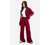 boohoo Women's Petite Stripe Detail Knitted Hoodie & Waist Detail Flared Trouser in Burgundy | Size: XS