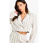 boohoo Women's Petite Stripe Linen Look Cropped Blazer in Ivory | Size: 12