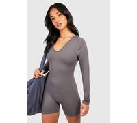 boohoo Women's Petite Super Soft Peached Long Sleeve Unitard in Charcoal | Size: 12