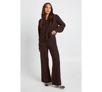 boohoo Women's Petite Super Soft V Neck Collared Knitted Jumper & Straight Leg Trouser Co-Ord in Chocolate | Size: Small