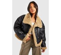 boohoo Women's Petite Teddy Trim Aviator Jacket in Black | Size: 8