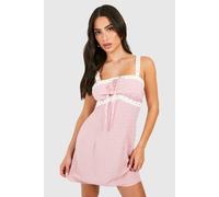 boohoo Women's Petite Textured Woven Lace Trim Mini Dress in Pink | Size: 16