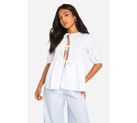 boohoo Women's Petite Tie Front Volume Sleeve Cotton Top in White | Size: 8