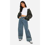 boohoo Women's Petite Turn Up Cuff Wide Leg Jean in Blue | Size: 16