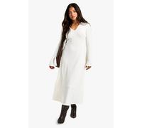 boohoo Women's Petite Wide Rib Flare Sleeve Midaxi Dress in Ivory | Size: 12