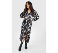 boohoo Women's Petite Zebra Print Blouson Sleeve Midaxi Dress in Black | Size: 8