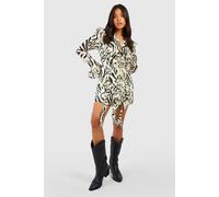 boohoo Women's Petite Zebra Ruffle Boho Mini Dress in Ivory | Size: 12