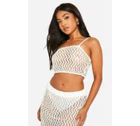 boohoo Women's Petite Zig Zag Knit One Shoulder Crop Top in Cream | Size: 8