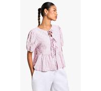 boohoo Women's Pink & Green Stripe Tie Front Puff Sleeve Smock Top | Size: 6