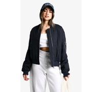 boohoo Women's Pinstripe Wool Look Bomber Jacket in Navy | Size: 14