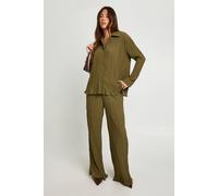 boohoo Women's Plisse Wide Leg Trousers in Olive | Size: 16