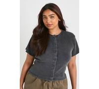 boohoo Women's Plus Acid Wash Rib Button Through Slouchy 3/4 Sleeve Top in Acid Wash Black | Size: 18