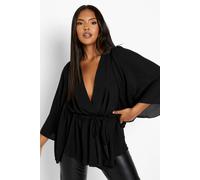 boohoo Women's Plus Angel Sleeve Wrap Peplum Blouse in Black | Size: 22