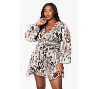 boohoo Women's Plus Animal Print Mesh Ruffle Skater Dress in Stone | Size: 28