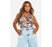 boohoo Women's Plus Animal Print Onion Skin Plunge Top in Brown | Size: 26