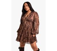 boohoo Women's Plus Animal Print Tiered Chiffon Smock Dress in Brown | Size: 28