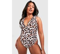 boohoo Women's Plus Animal Ruffle Plunge Swimsuit in Brown | Size: 28