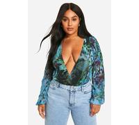 boohoo Women's Plus Animal Wrap Mesh Bodysuit in Black | Size: 24