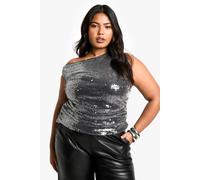 boohoo Women's Plus Asymmetric Neckline Ruched Top in Slate | Size: 16