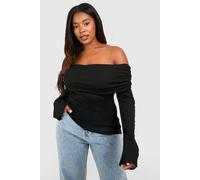boohoo Women's Plus Bardot Ruched Flare Sleeve Top in Black | Size: 18