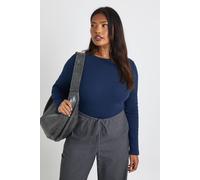 boohoo Women's Plus Basic Rib Long Sleeve Fitted Longline Top in Navy | Size: 16