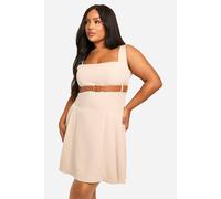 boohoo Women's Plus Belted Square Neck Buckle Mini Dress in Stone | Size: 24