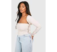 boohoo Women's Plus Bengaline Lace Up Square Neck Corset Top in Stone | Size: 28
