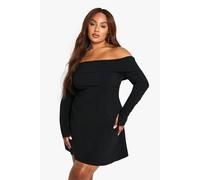 boohoo Women's Plus Bengaline Off-Shoulder Skater Dress in Black | Size: 28