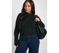 boohoo Women's Plus Blouson Sleeve Ribbed Long Sleeve Top in Black | Size: 18