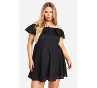 boohoo Women's Plus Broderie Ruffle Off-Shoulder Skater Dress in Black | Size: 26