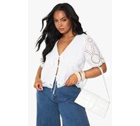 boohoo Women's Plus Broderie Short Sleeve Tie Detail Top in White | Size: 26