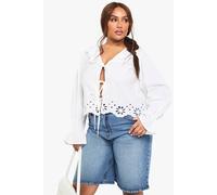 boohoo Women's Plus Broderie Tie Detail Blouse in White | Size: 20