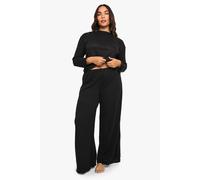boohoo Women's Plus Brushed Rib Lettuce Hem Top & Trouser Lounge Set in Black | Size: 24