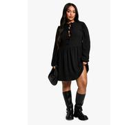 boohoo Women's Plus Brushed Rib Tie Front Smock Dress in Black | Size: 20