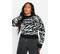 boohoo Women's Plus Brushed Zebra Cropped Jumper in Black | Size: 18