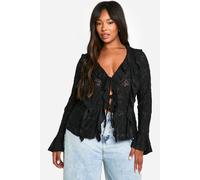 boohoo Women's Plus Burnout Double Ruffle Tie Front Blouse in Black | Size: 20