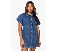 boohoo Women's Plus Button Down Denim Mini Dress in Mid Blue | Size: 26