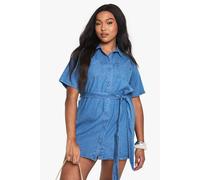 boohoo Women's Plus Chambray Denim Tie Belt Dress in Mid Blue | Size: 28