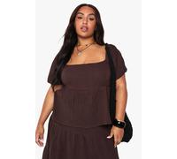 boohoo Women's Plus Cheesecloth Puff Sleeve Shirred Crop Top in Chocolate | Size: 20