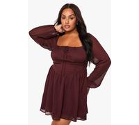 boohoo Women's Plus Chiffon Blouson Skater Dress in Chocolate | Size: 16
