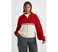 boohoo Women's Plus Chunky Knit Cable Zip Through Collared Jumper in Rich Red | Size: 20/22