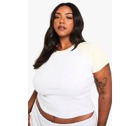 boohoo Women's Plus Cotton Contract Ribbed Ringer Sleeve Baby T-Shirt in Grey Marl | Size: 18