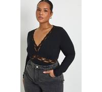 boohoo Women's Plus Cotton Lace Trim Long Sleeve Bodysuit in Black | Size: 16
