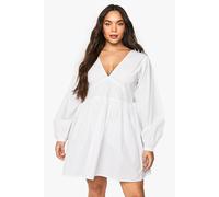 boohoo Women's Plus Cotton Poplin Blouson Sleeve Smock Dress in White | Size: 20