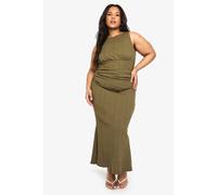 boohoo Women's Plus Cotton Rib Ruched Column Midaxi Dress in Olive | Size: 18