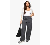 boohoo Women's Plus Cotton Twill Drawstring Waist Wide Leg Trouser in Charcoal | Size: 16