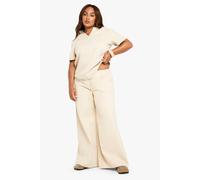 boohoo Women's Plus Cotton Twill Drawstring Waist Wide Leg Trouser in Ecru | Size: 26