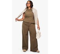 boohoo Women's Plus Cotton Twill Wide Leg Trouser in Khaki | Size: 28