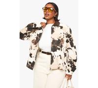 boohoo Women's Plus Cow Print Collared Zip Up Denim Jacker in Brown | Size: 20
