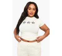 boohoo Women's Plus Cow Print Star Icon Fitted Top in Ecru | Size: 22